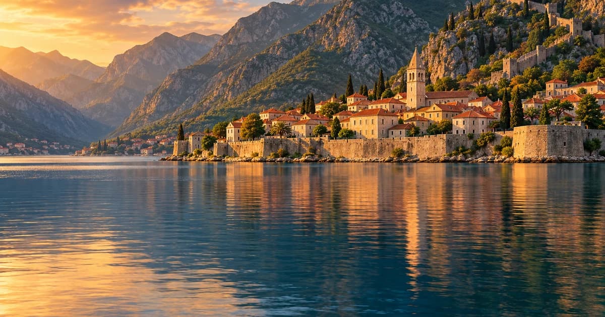 Illustration of a walled old town on the Bay of Kotor below steep mountains