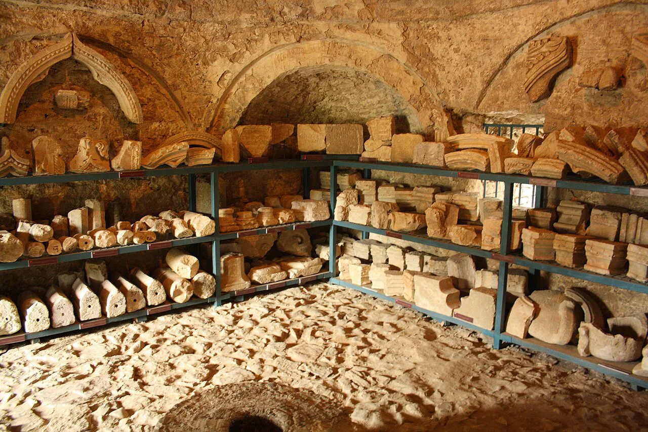 Carved stone fragments kept in a vaulted room at Stari Bar