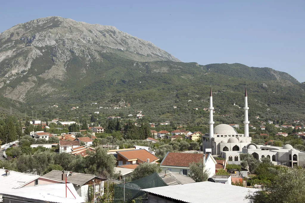 A mosque and houses in Bar beneath the mountains.