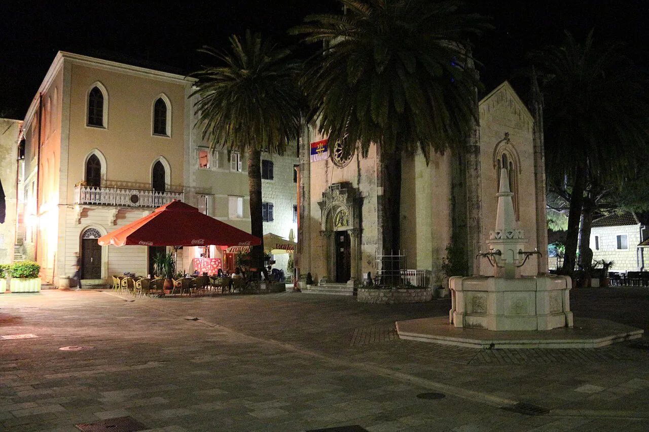Belavista Square in Herceg Novi at night.