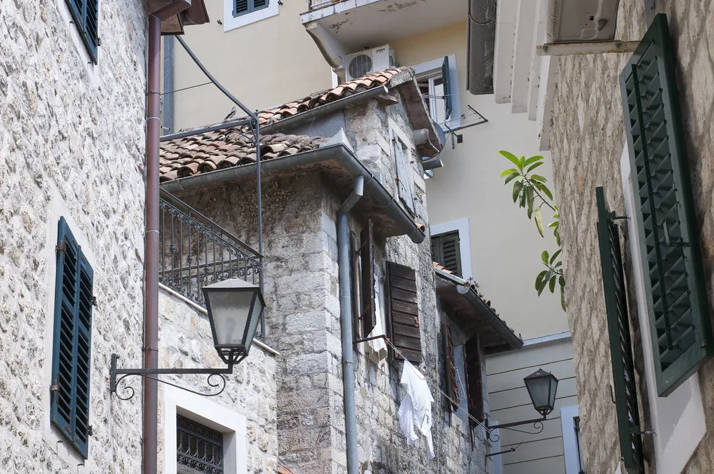 Stone houses on a lane in Herceg Novi.