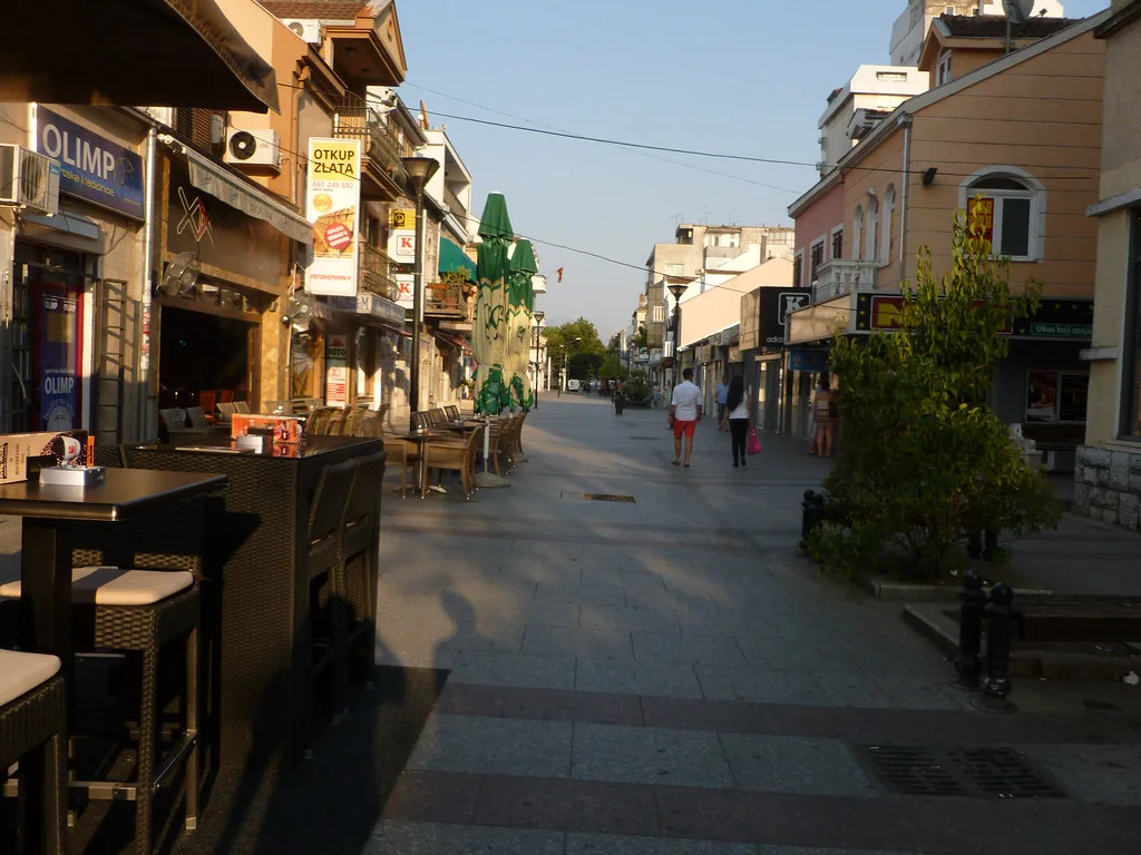 A pedestrian street lined with cafés in Podgorica.