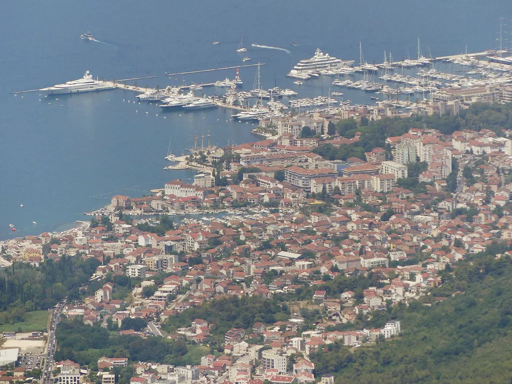 Tivat and its marina seen from above.