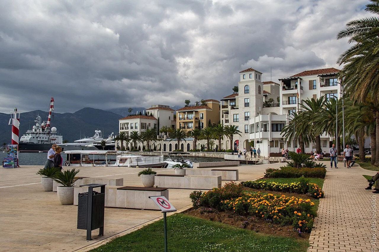 The waterfront promenade in Tivat lined with palms and flowerbeds.