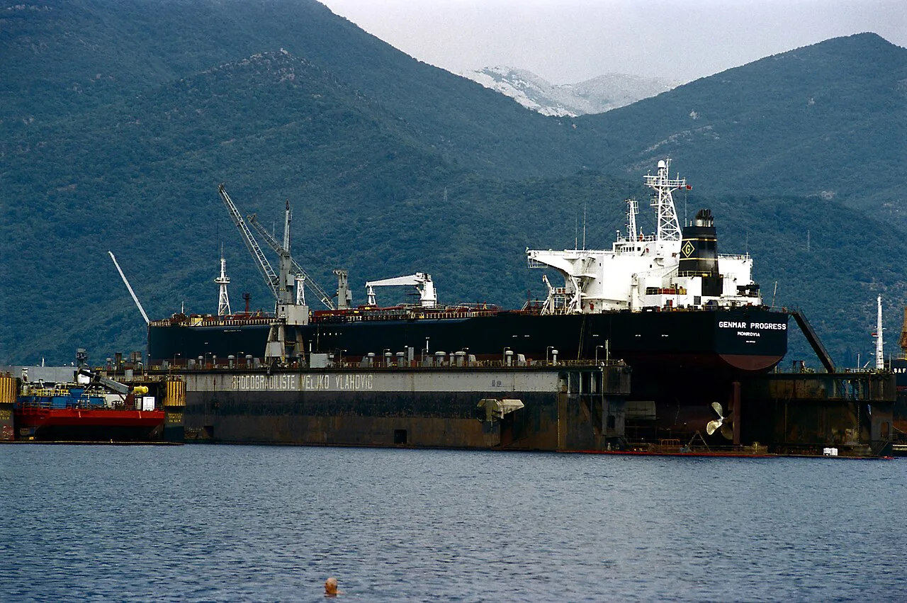 A tanker in the floating dock at the Bijela shipyard.