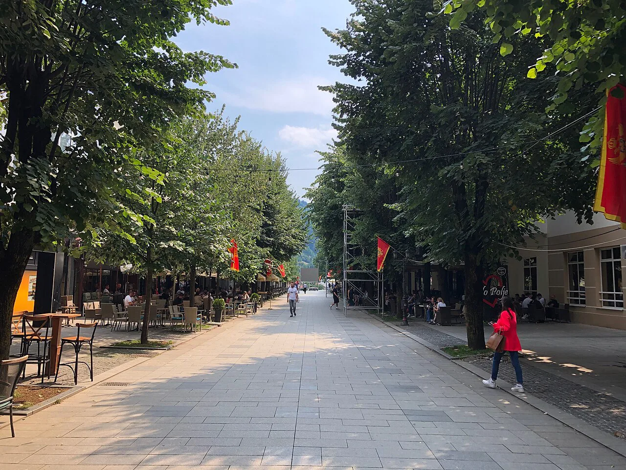 A tree-lined pedestrian street in central Bijelo Polje.