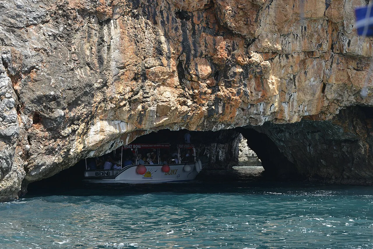 A tour boat at the entrance to the Blue Cave near Herceg Novi.