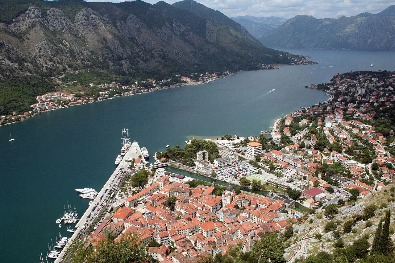 Kotor old town and the bay seen from St John's Fortress.