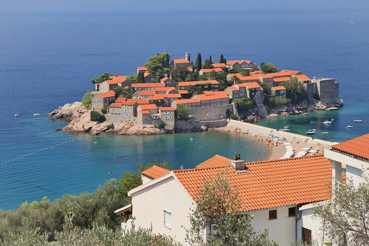 Sveti Stefan seen from above on the Budva Riviera.