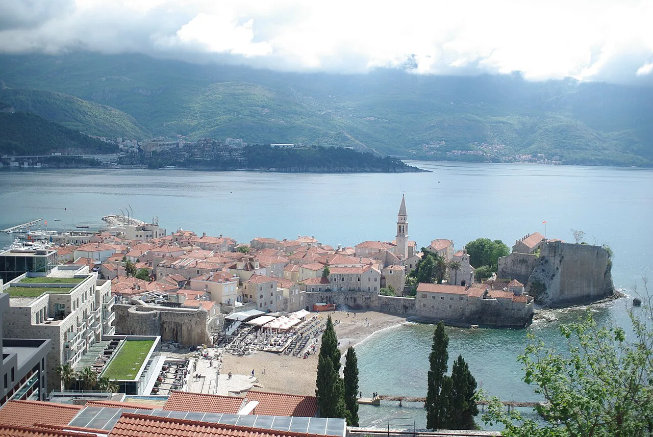 Budva Old Town on its headland, seen from above.