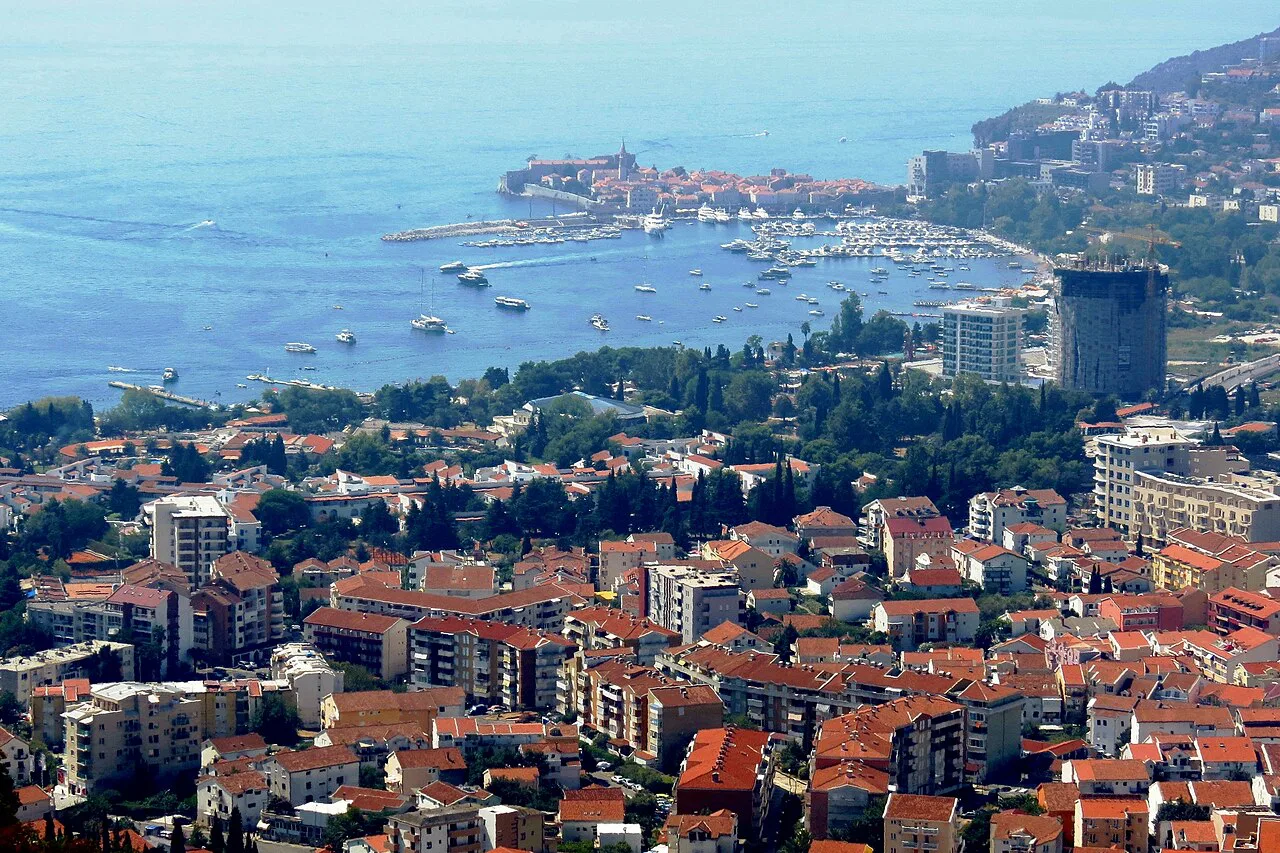 Panoramic view over Budva and its old town peninsula.