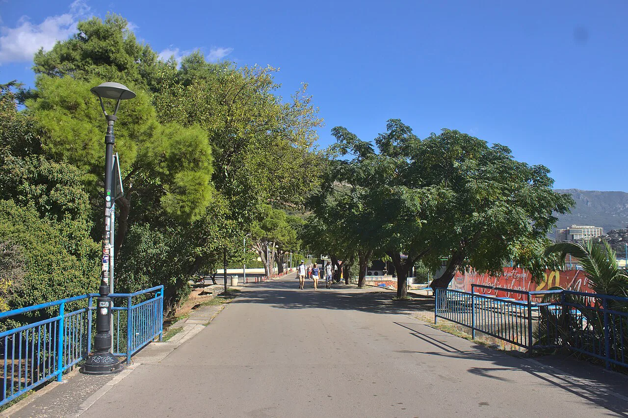 The tree-lined seaside promenade in Budva.
