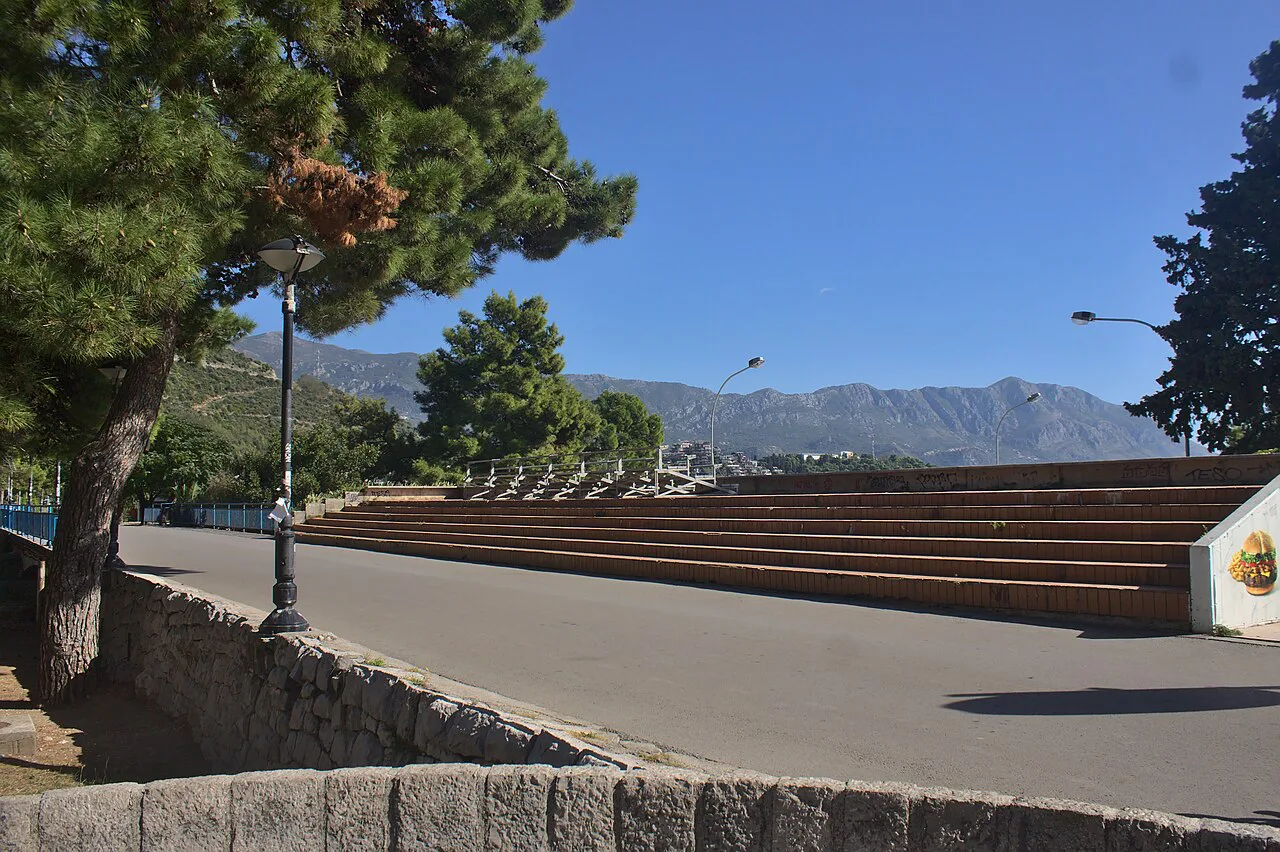 Seating stands beside the seaside promenade in Budva.