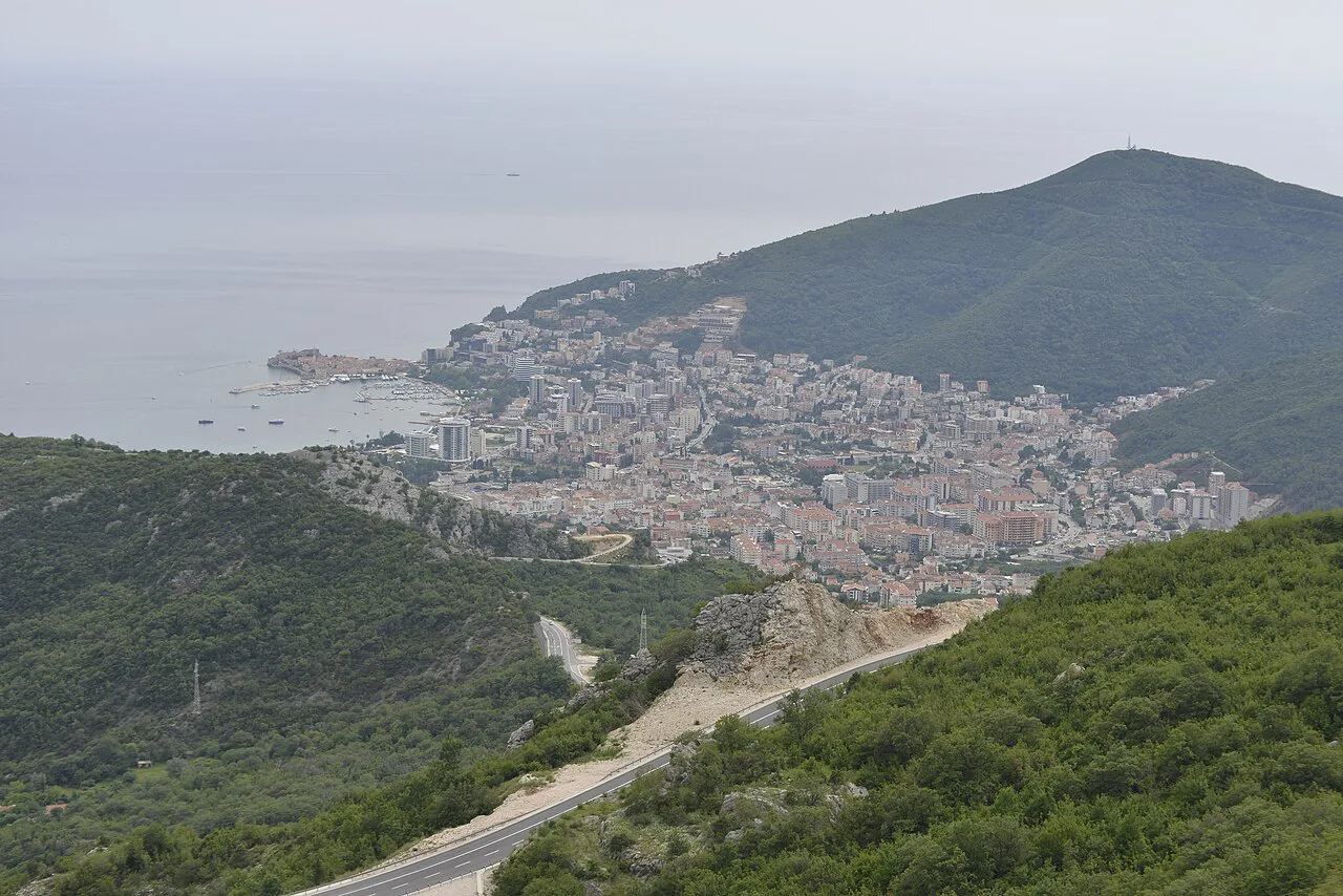 Budva and its coastline seen from the hills above.