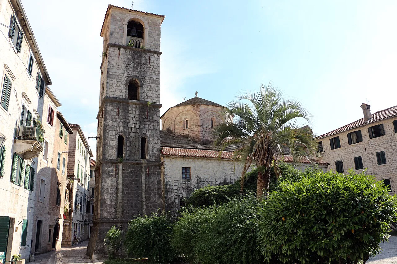 The bell tower of St Mary's Church in Kotor Old Town.