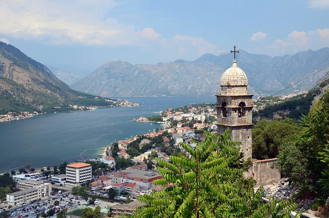 The Church of Our Lady of Remedy above Kotor, with the bay beyond.