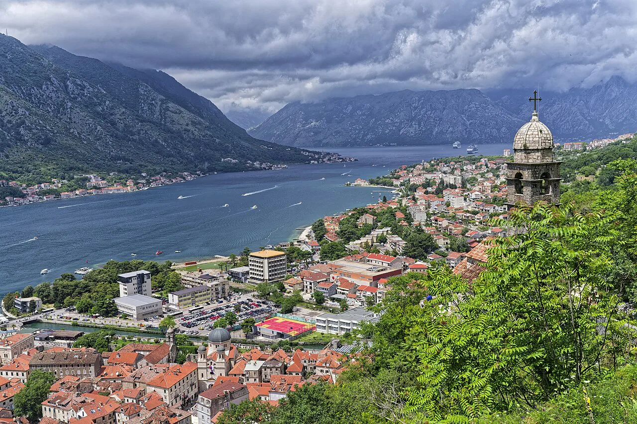 Kotor Old Town and the Bay of Kotor seen from the slopes above the town.