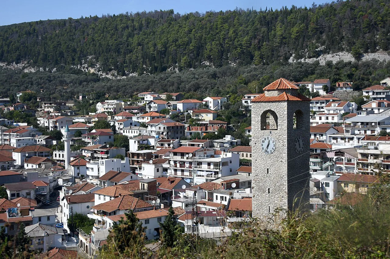 The clock tower above Ulcinj's rooftops.