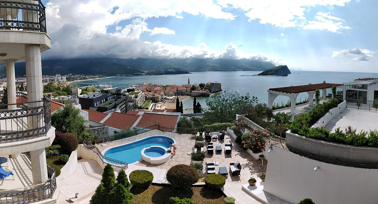 Budva Old Town seen from a hotel terrace above the town.