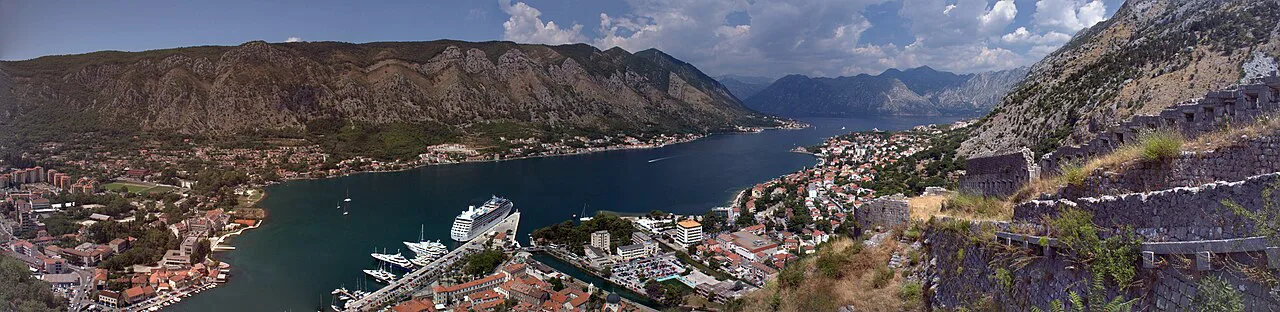 A panorama of Kotor and its bay from the mountainside above the Old Town.