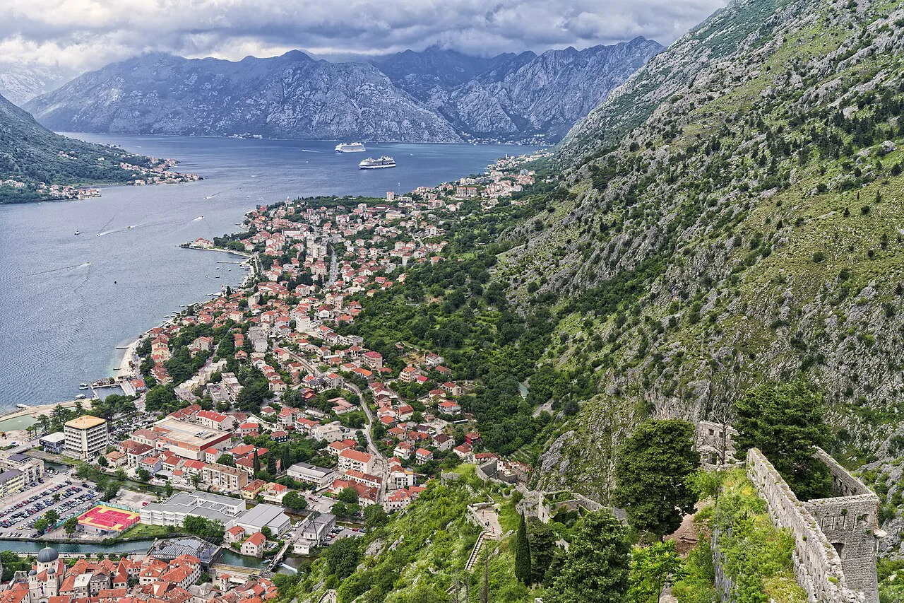 Kotor and the Bay of Kotor seen from the hillside above the town