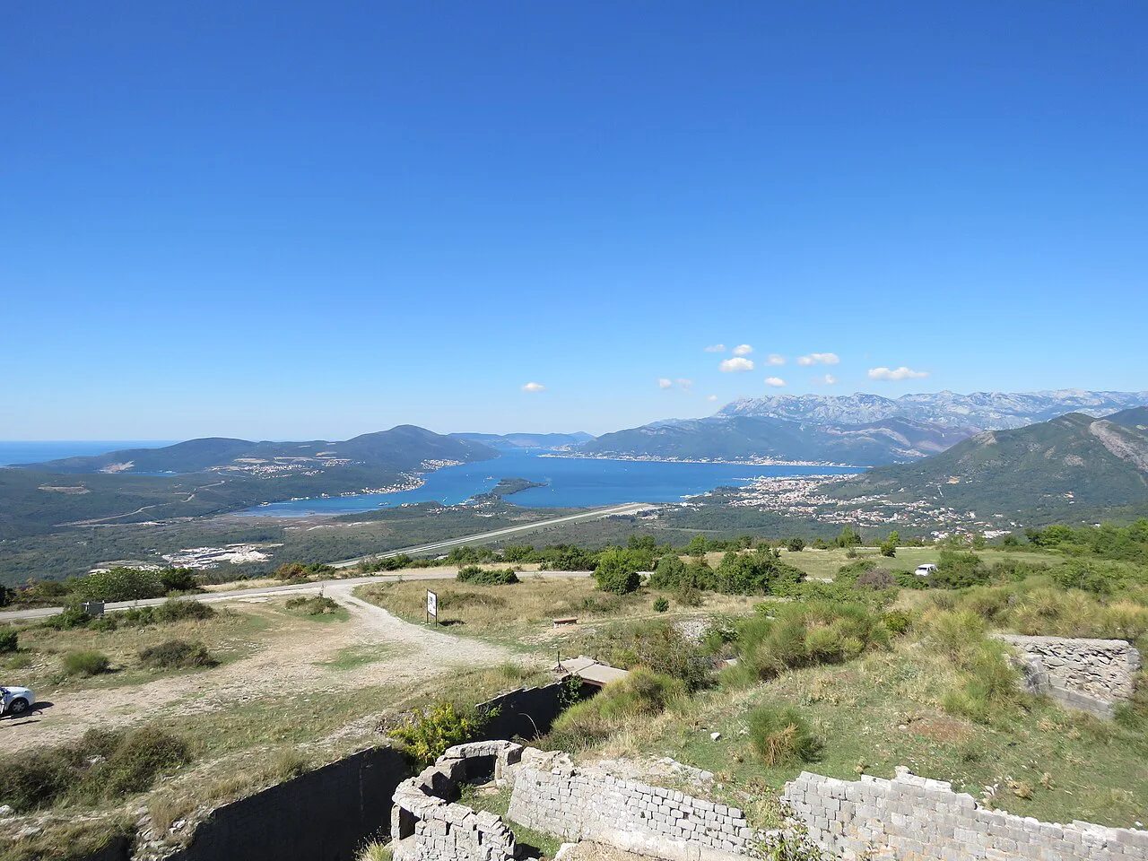Tivat Bay and the runway of Tivat Airport seen from Fort Goražda.
