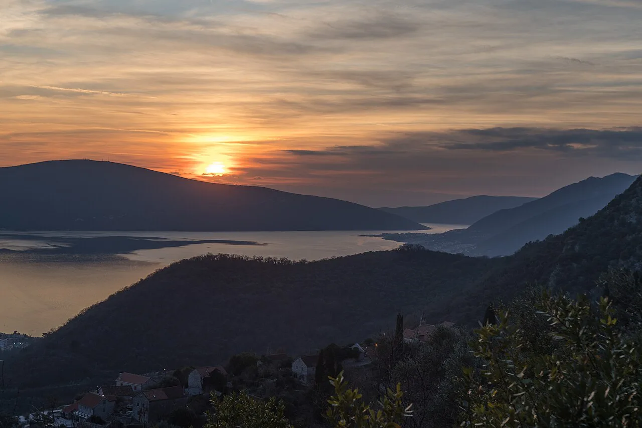 Sunset over the Bay of Kotor seen from Gornja Lastva.