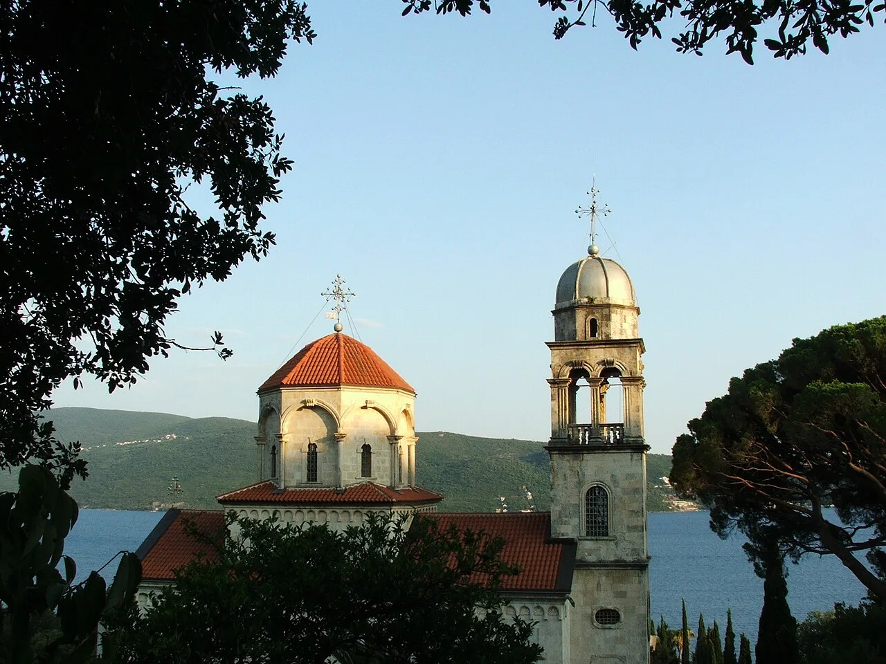 Savina Monastery near Herceg Novi in evening light, above the bay.