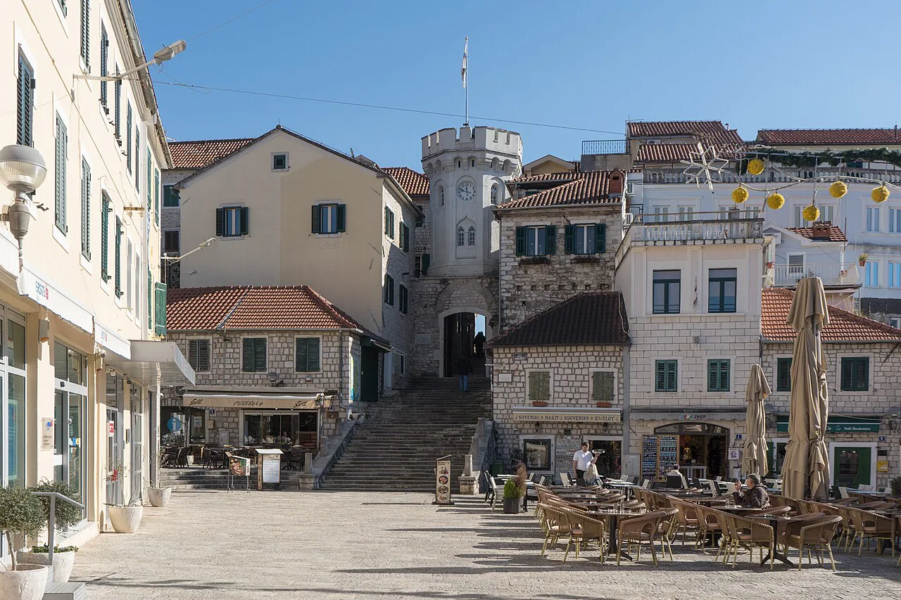Nikola Đurković Square and the clock tower in Herceg Novi Old Town.