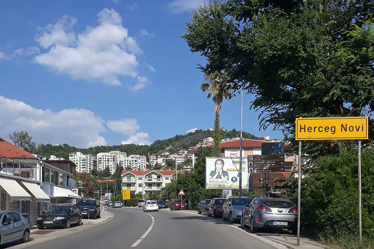 The road into Herceg Novi at the town entrance sign.