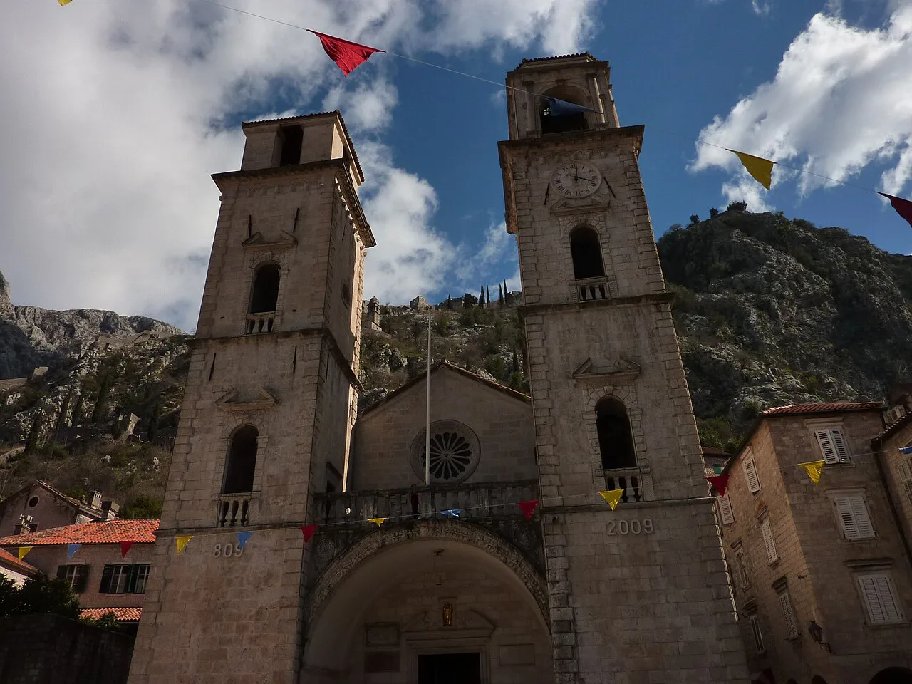 Looking up at the Romanesque Cathedral of St Tryphon, Kotor.