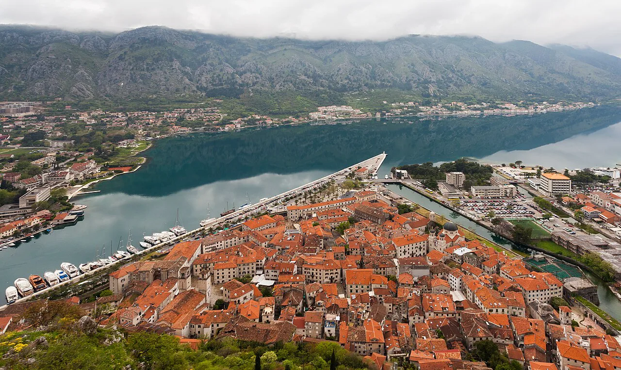 Kotor Old Town and the Bay of Kotor seen from above.