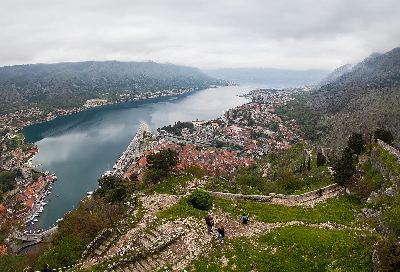 The Bay of Kotor and Kotor Old Town from the hillside above.