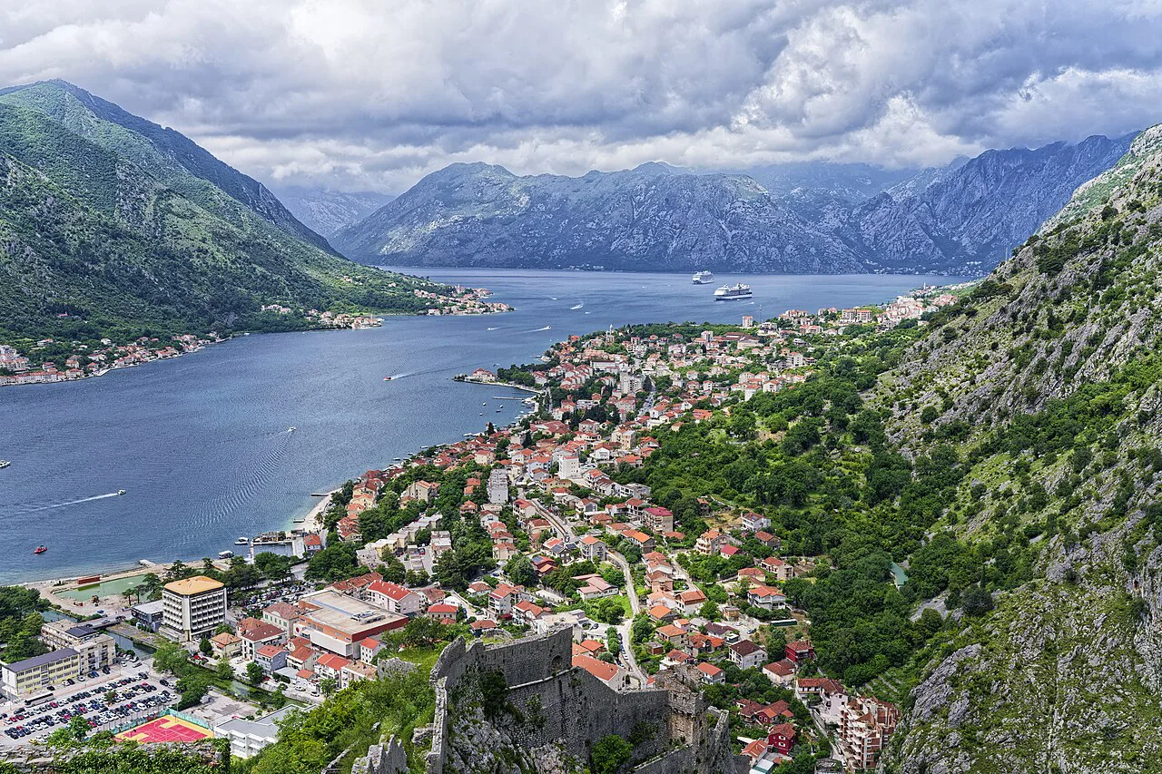 Kotor old town and the bay seen from the hillside above.