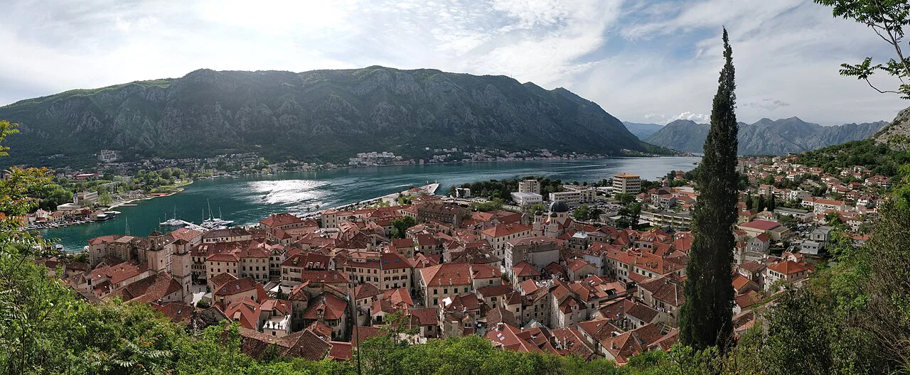 The rooftops of Kotor Old Town and the bay from above.