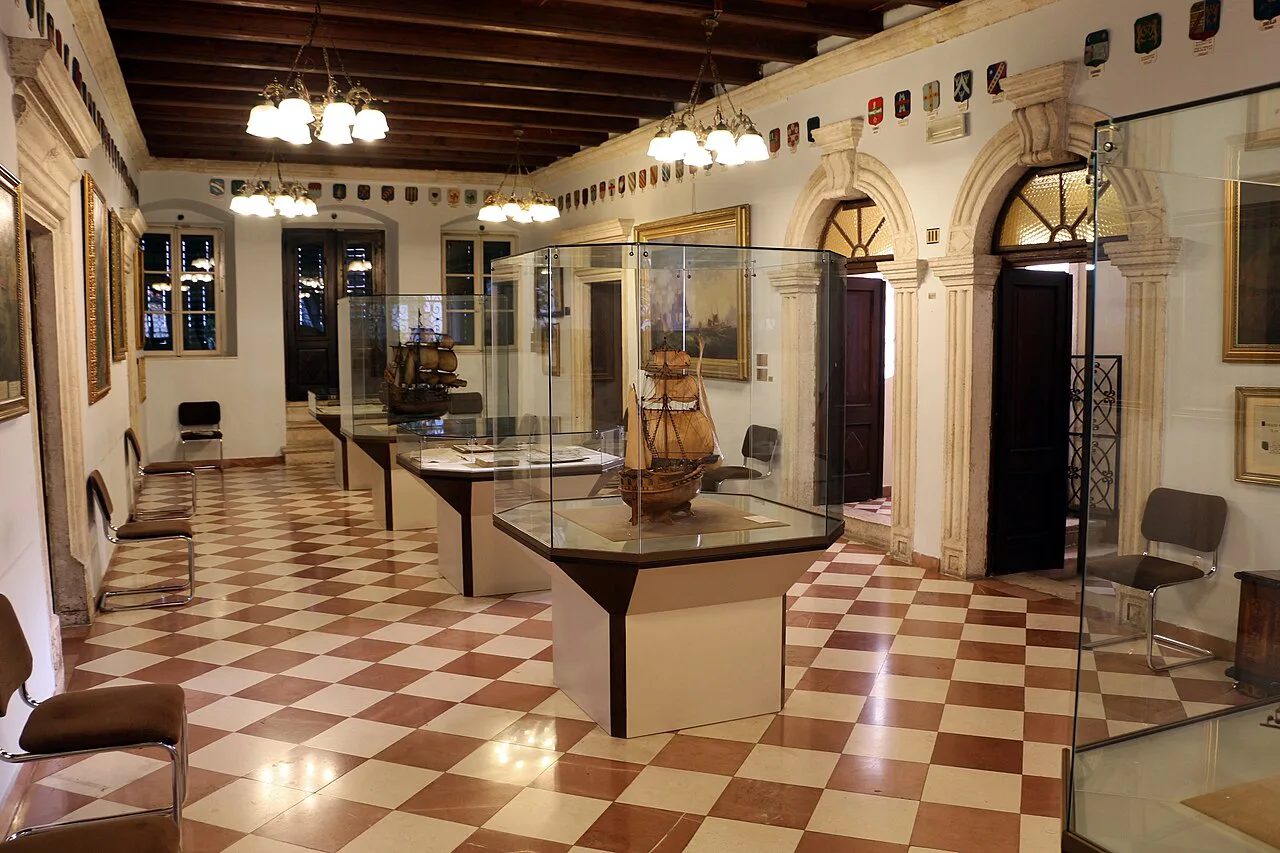 Exhibition hall inside the Maritime Museum of Montenegro in Kotor.