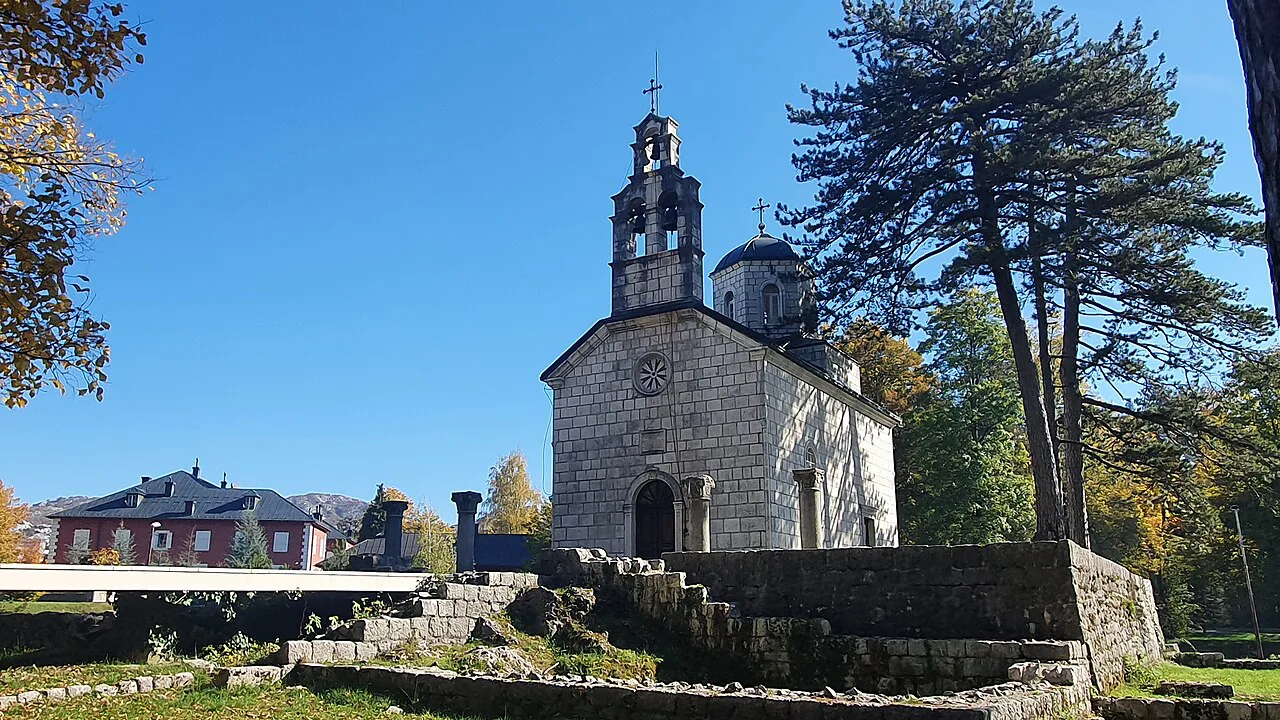 A stone church in Cetinje, the old royal capital at the top of the road from Kotor.