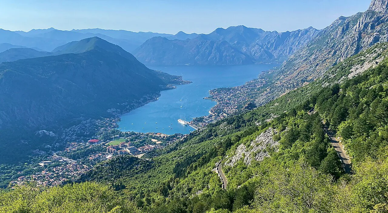 The Bay of Kotor and Kotor town seen from the mountainside above.