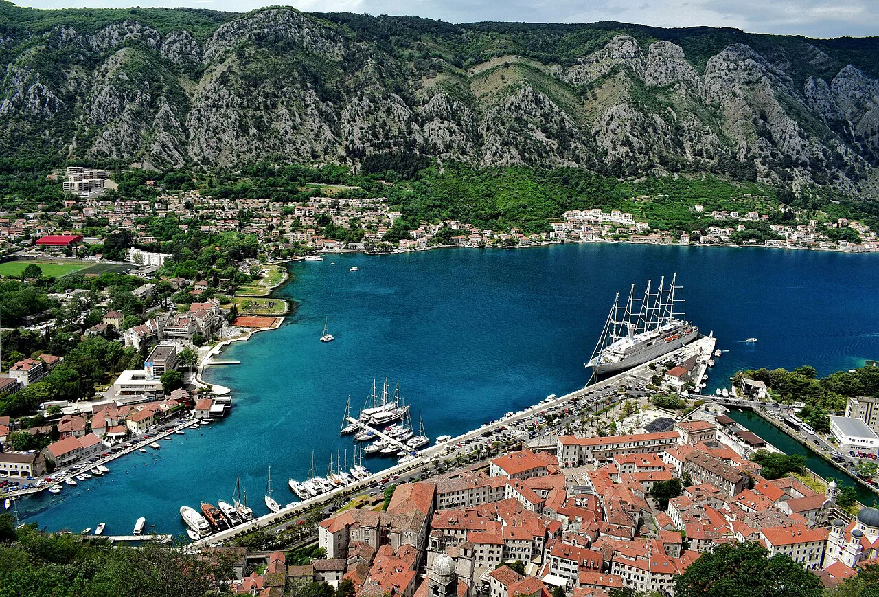 Kotor Old Town and the bay seen from the fortress.