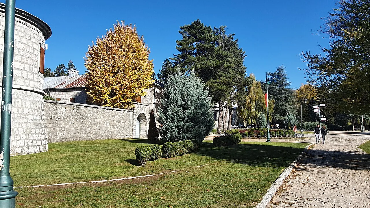 Parkland and old stone walls in Cetinje, the town nearest Lipa Cave