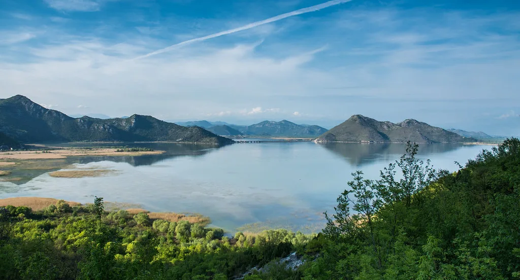 Lake Skadar with its hills and reedy shoreline.