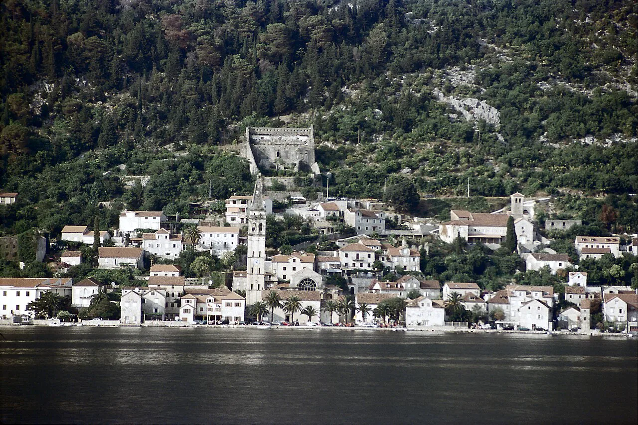 Perast's stone houses and bell tower seen from the water.