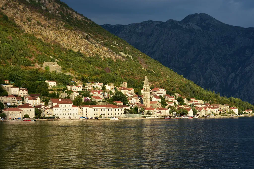 Perast seen from the water in the Bay of Kotor.