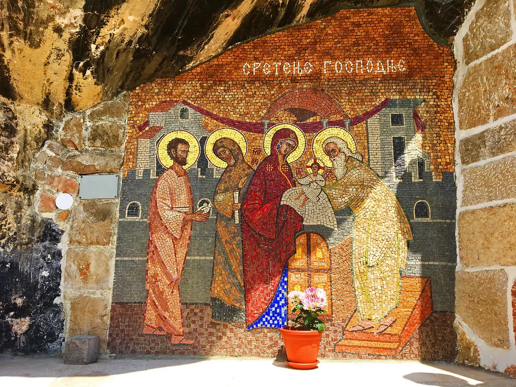 A mosaic of saints at Ostrog Monastery.