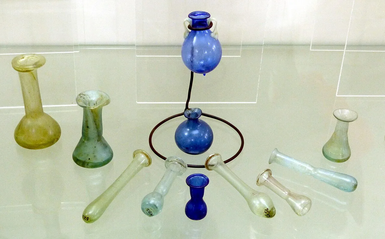 Ancient glass vessels on display in a museum in Budva.