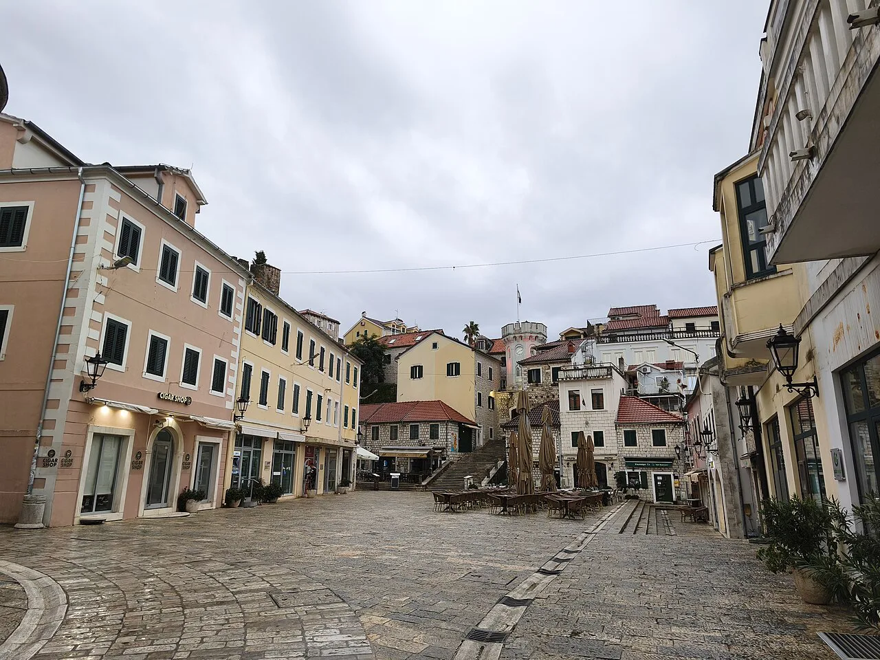 A paved square in Herceg Novi's old town.