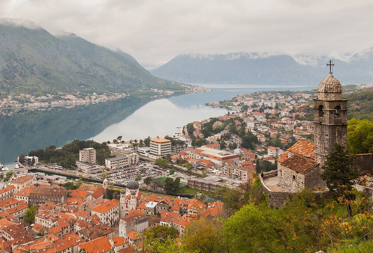Kotor Old Town and the bay from the hillside above.