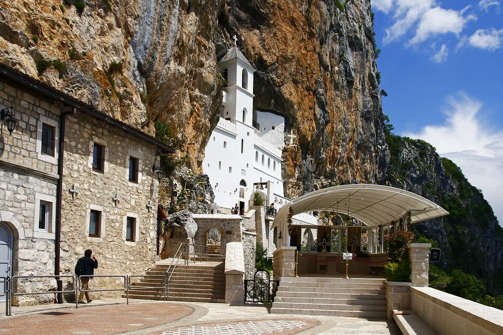 The courtyard and steps at Ostrog Monastery.