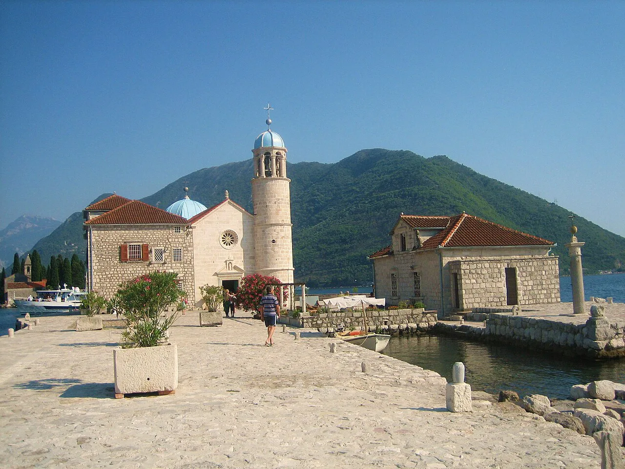 The church and buildings on the islet of Our Lady of the Rocks off Perast.