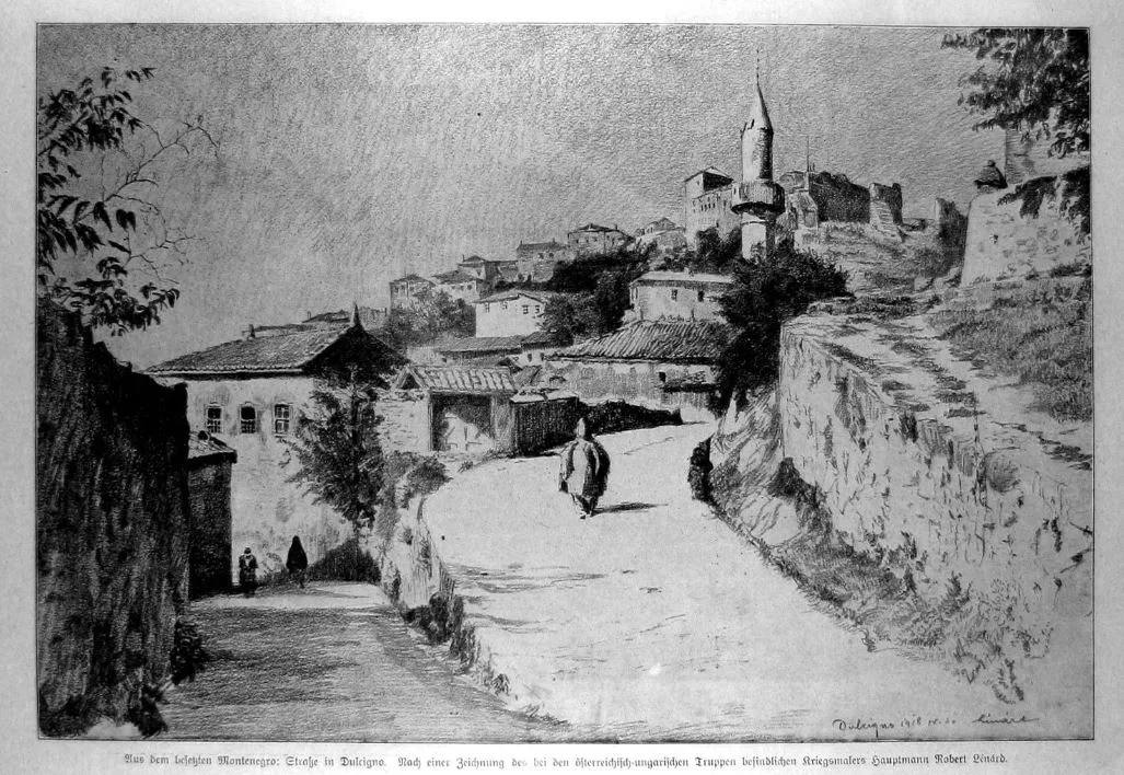 A 1918 drawing of Ulcinj (Dulcigno) and its mosque.